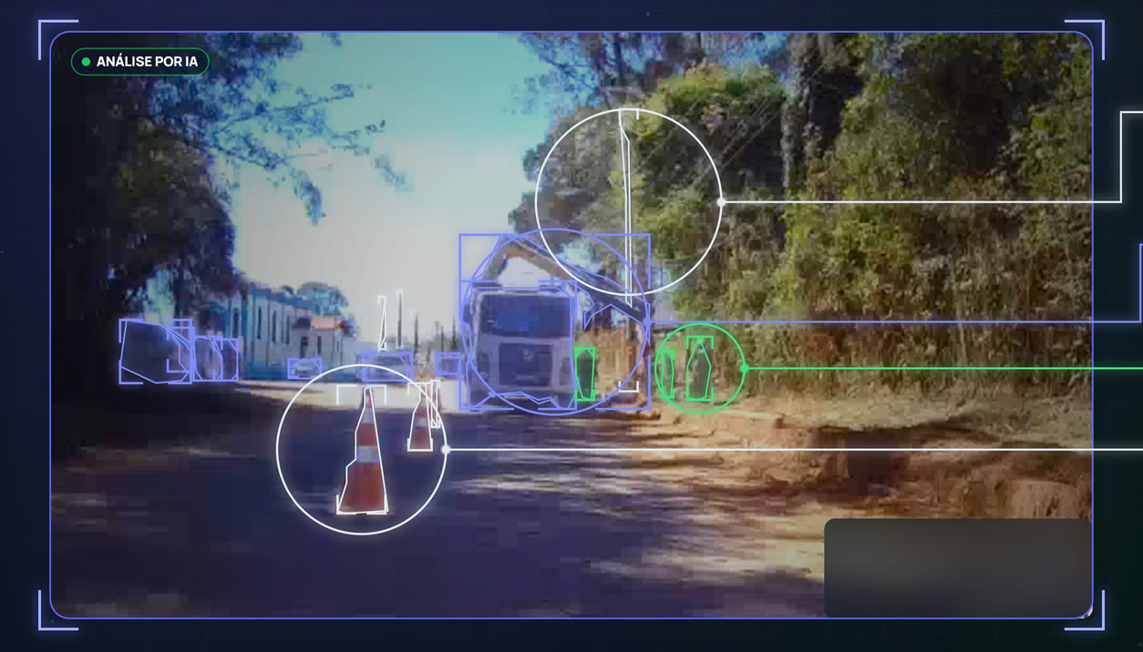 Vídeo de campo com as detecções da IA: poste, caminhão, trabalhador e cones