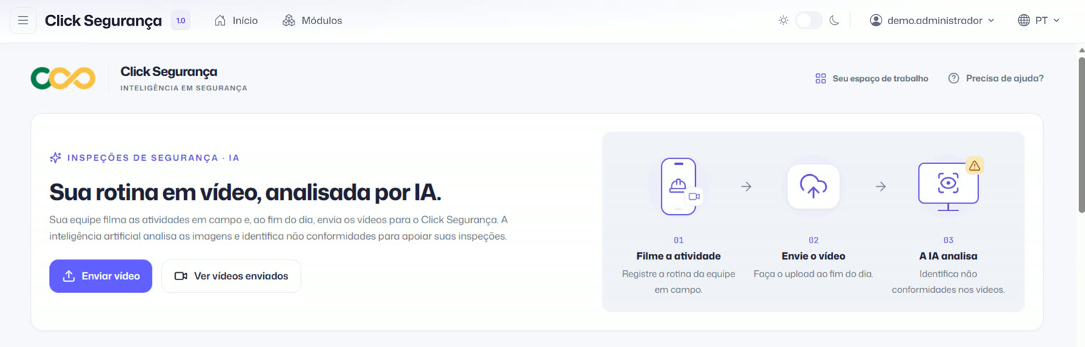 Tela da plataforma Click Segurança: módulo de inspeções de segurança com IA